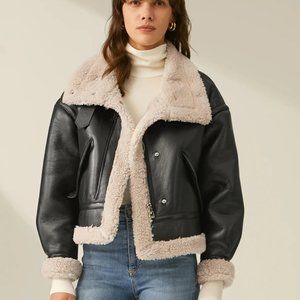 Commense Sherpa Lined Shearling Leather Flight Jacket